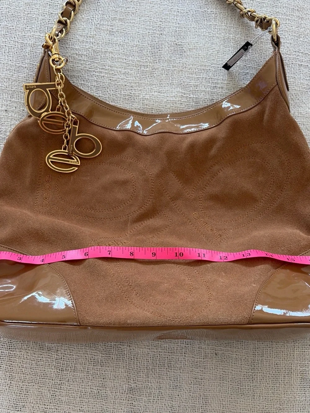 bebe Brown Suede & Patent Hobo with Gold Charm Chain